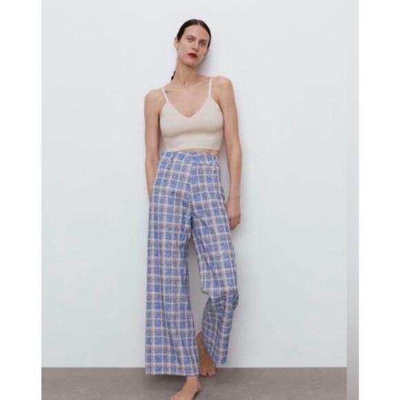 Zara women’s Wide Leg Plaid Trouser side XL NWT - Picture 1 of 8